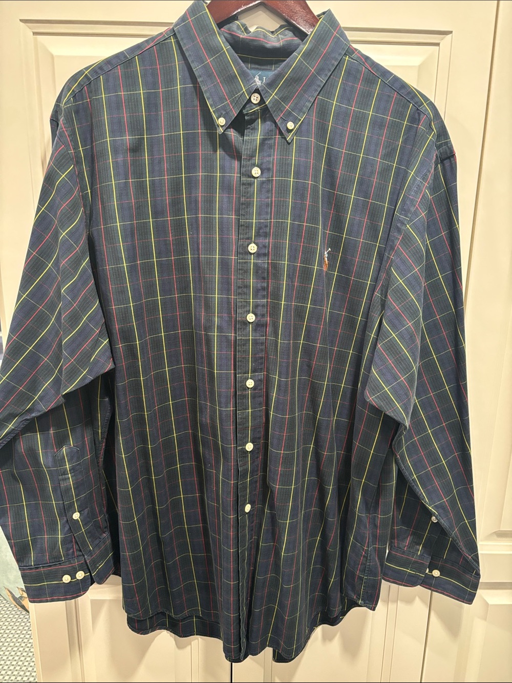 Ralph Lauren Navy Plaid Button-Down Shirt with Green & Red Lines